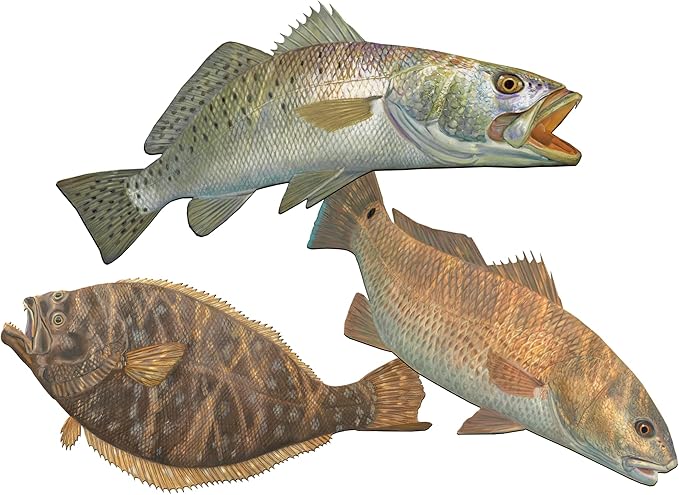 Saltwater Fish Decals Inshore Slam Flounder Fluke Fishing Stickers Redfish Red Drum Seatrout UV Protected Sea Trout Fish S...