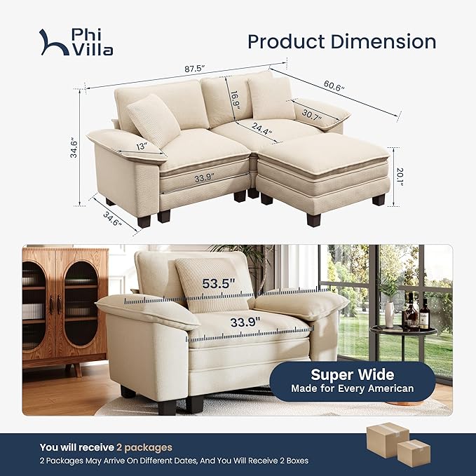 PHI VILLA Cloud Modular Couches Sets, 87.5" Sectional Loveseat Sofa with 1 Movable Ottoman, 3-Seater Comfy Couches for Living Room Apartment, Chenille Fabric, Beige