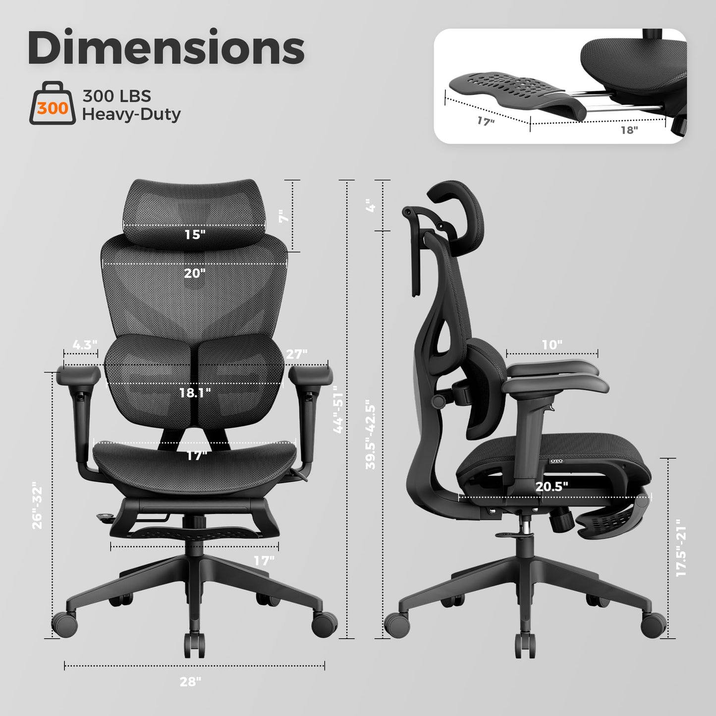 OTO Zenpex Ergonomic Mesh Office Chair, 1.96" Adjustable Seat Depth, Dynamic Lumbar Support, Extensible Footrest, Up to 300 lbs, 135° Recline Backrest for Home, Gaming & Executive Office