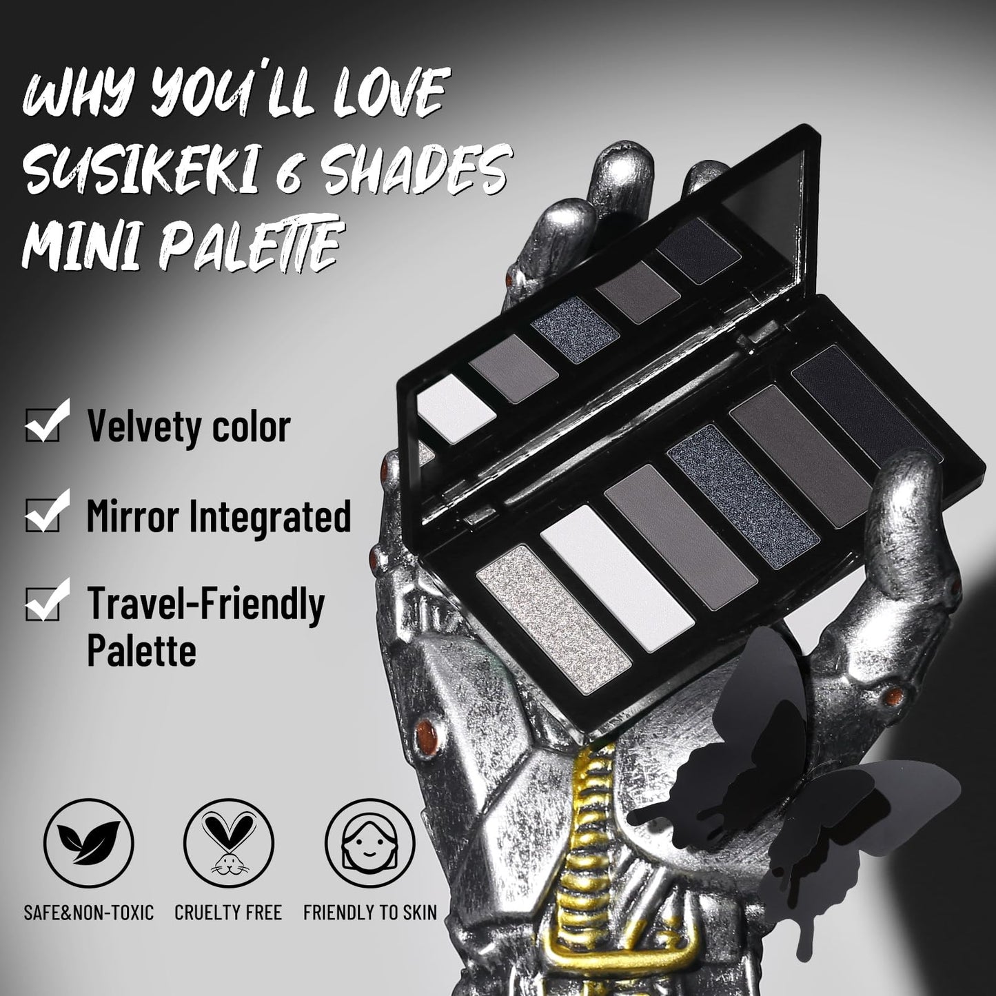 SUSIKEKI Black Eyeshadow Palette with Mirror Silver Gray Black Tones Matte Shimmer Smokey 6 Colors Mini Eye Shadow Pallet Travel