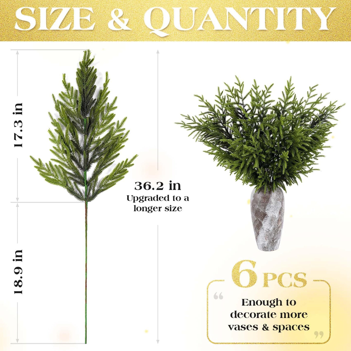 LATIHUUM 6 Pcs Christmas Norfolk Pine Branches - 36" Artificial Norfolk Branch Faux Stem Greenery Pine Picks for Vase DIY Crafts Garland Wreath Xmas Indoor Outdoor Home Decor