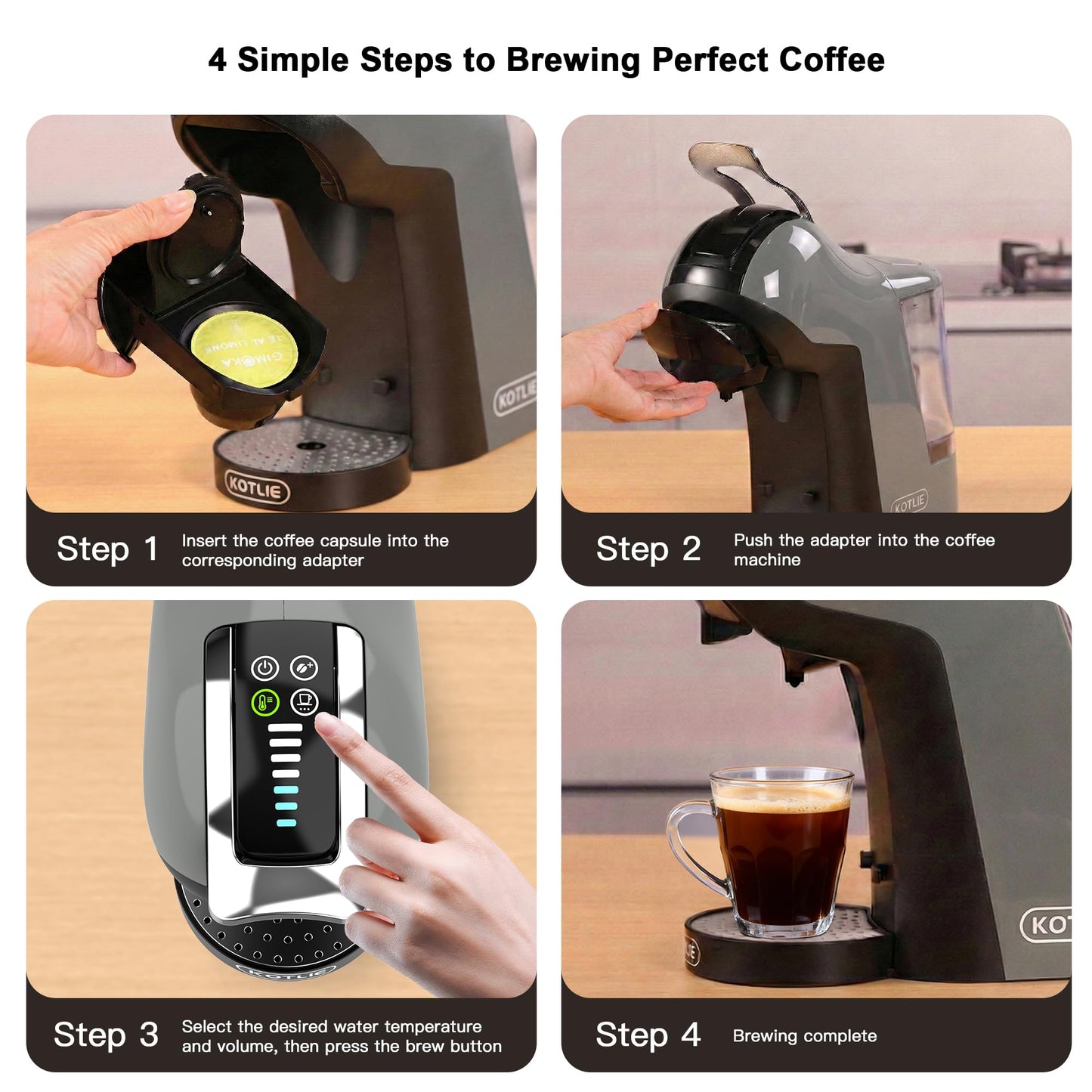 KOTLIE EM-308B Espresso Machine, Single Serve Coffee Maker Compatible with Multiple Capsule Types, Ground Coffee, and ESE Pods. 3 Temperatures, 7 Water Volume Levels, and a 1L Water Tank（Gray）