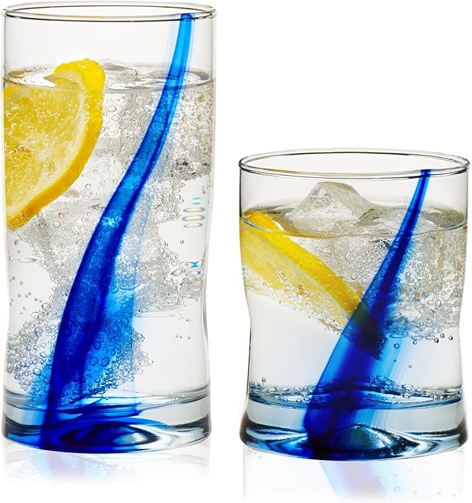 Libbey Blue Ribbon Tumbler and Rocks Drinking Glass Set of 8, Artisanal, Four-Dimpled Glass Cups Set, Clear Glassware Drin...