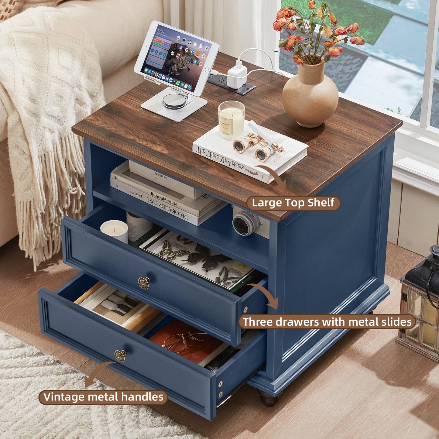 Joaxswe 24" Wide Farmhouse Nightstand with Charging Station, End Table with 2 Drawers, Blue Wood Dresser for Bedroom Cabinet, Bed Side Table Chest of Drawers, Night Stand for Living Room, Closet