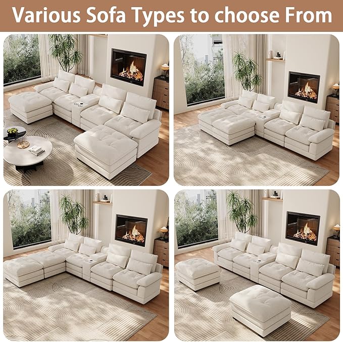BEQAI 134"U Shaped Sectional Couches for Living Room, Oversized Modular Sectional Fluffy Couch with 2 Ottoman & Storage Console,Modern 6 Seat Living Room Sofa with Glitter Fabric,Tufted Buttons, Beige