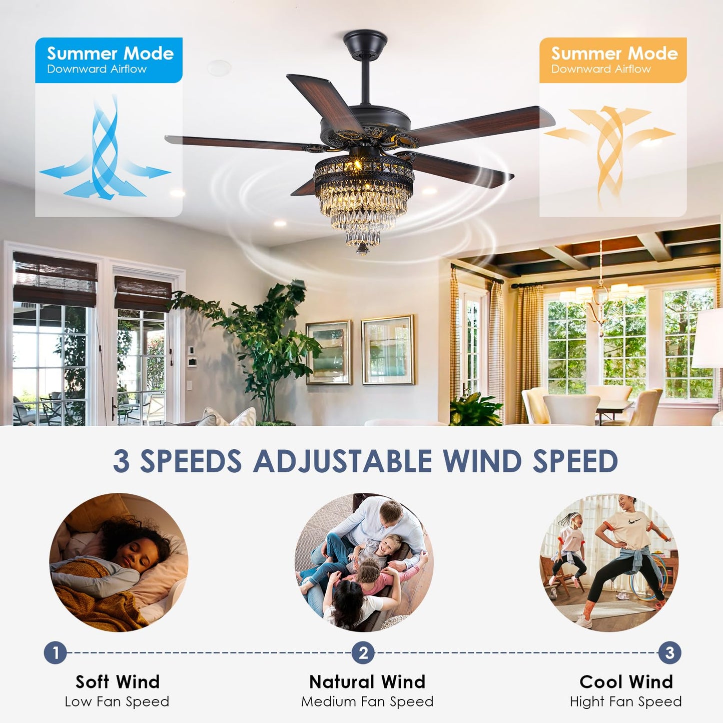 Asyko Crystal Ceiling Fan Fandelier with Lights - Modern Black Chandelier Fans with Remote Control，Noiseless AC Motor, Retro/Farmhouse Lighting, Dining Room， Living Room (52"