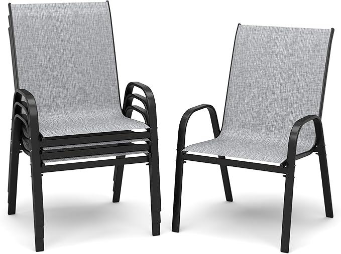 PIZZELLO Patio Chairs Set of 4 - Outdoor Stackable Dining Chairs for All Weather - Breathable Textilene Outdoor Chair Sets with Curved Armrests - 300Lbs Capacity - for Lawn Backyard Garden (Grey)