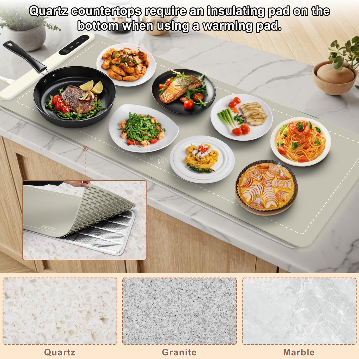 FYY Extra Large Warming Mat for Food - Rapid and Full Surface Heating, 6 Temp Settings, 6H Timer, Rollable Portable Food Warming Mat for Gatherings, Parties, Keep Meal Warm (XX Large Size, Khaki)