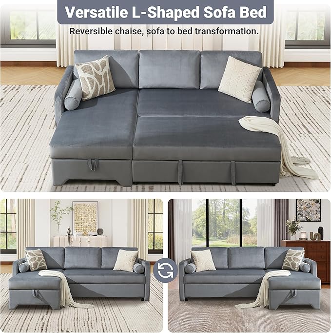 Tbfit 90.6'' 3 in 1 Sleeper Sofa Couch with Storage Chaise, Velvet Sofa Bed with Pull Out Bed, Convertible Sleeper Sofas for Living Room, Small Spaces, Grey
