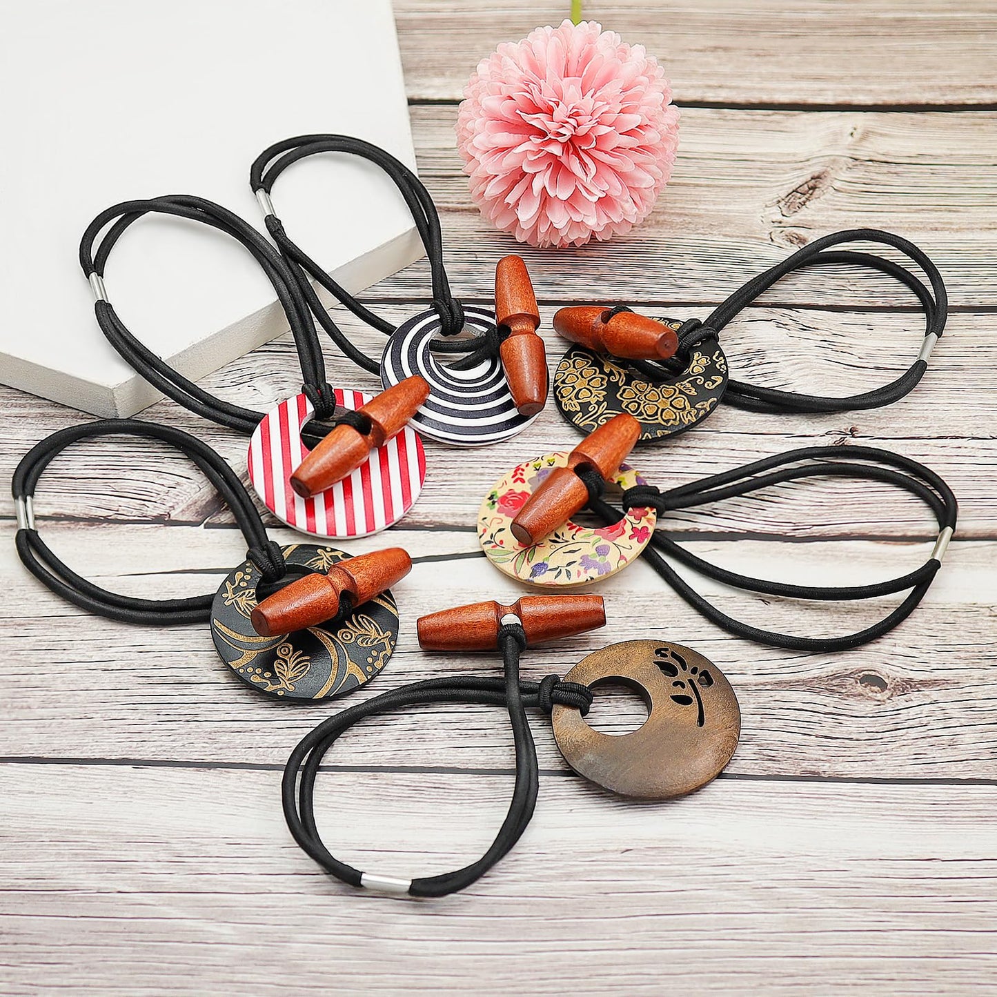 6 Pcs Discs Elastic Hair Tie for Dreadlock Accessories Extra Long Locs Rubber Band Dread Ponytail Holder Wood knot Carving Embed