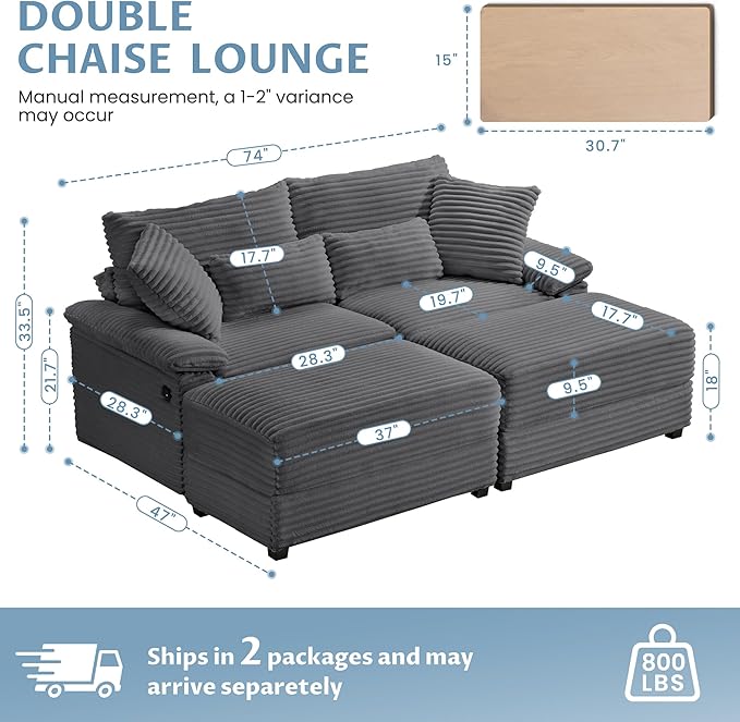 SUNWAVE 74" W Double Chaise Lounge Chair Indoor, Oversized Loveseat with Storage Ottoman, Corduroy Couch with USB Charging, Removable Ottoman, and Coffee Table Cushions for Living Room Bedroom