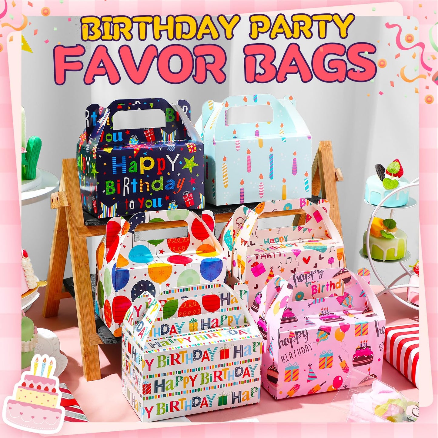 Zhanmai 36 Pack Birthday Party Treat Box 6 Inch Goodie Party Favor Treats Gable Box Birthday Gift Wrapping Container Cookie Cupcake Snack Candy bag with Handle