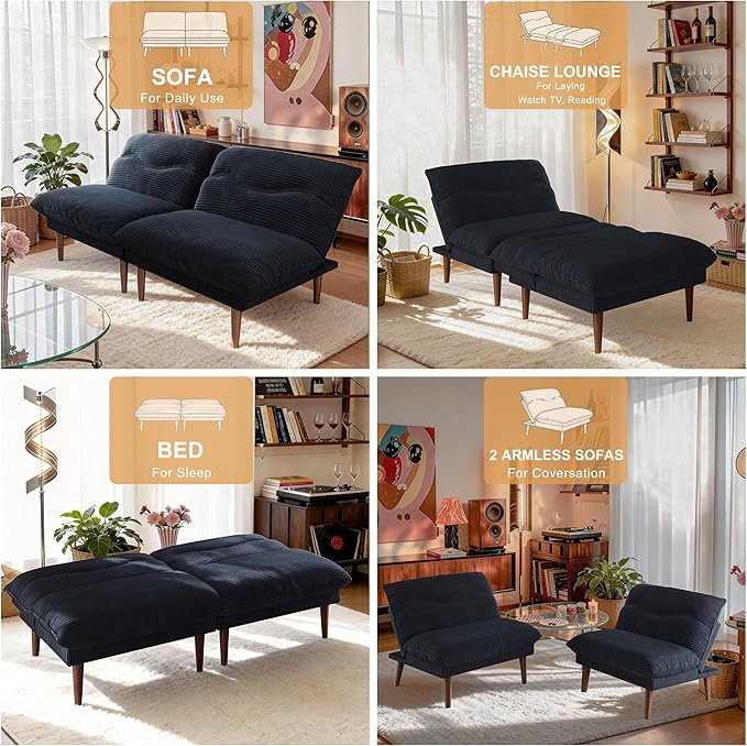 DreamDashio Futon Sofa Bed, 4 in 1 Multi-Functional Futon Couch with Adjustable Backrest, 75 inch Convertible Sleeper Sofa Bed and Recliner Lounge, Corduroy Loveseat for Living Room, Apartment, Black