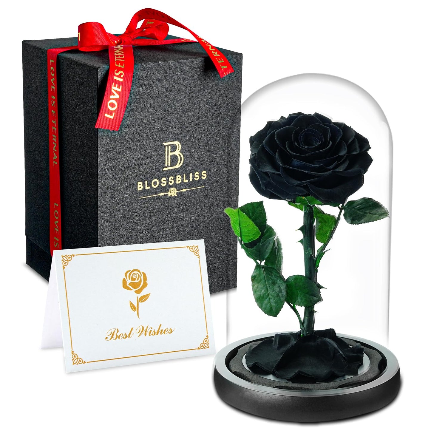 BLOSSBLISS Forever Preserved Flower Real Black Rose in Glass Dome, Flower Gift for Men Him Her Wife Husband Mother, Eternal Flowers for Christmas,Valentine's Day, Thanksgiving Day, Birthday,9 Inch