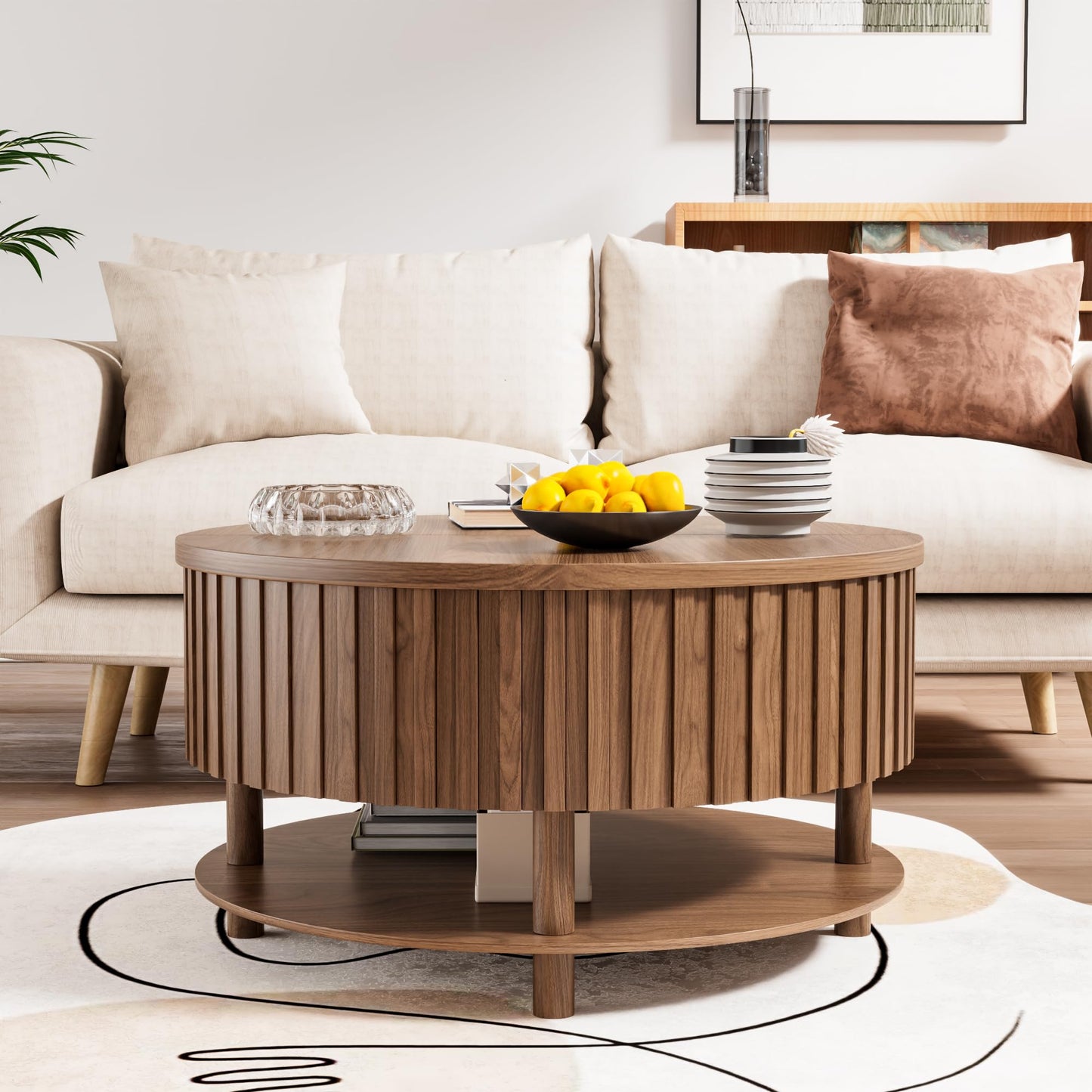 Limaoaio Round Lift Top Coffee Table with Storage, 31.5'' Modern 2-Tier Coffee Table with Hidden Storage Compartment and Open Shelf, Fluted Center Table for Living Room Home Office (Walnut)