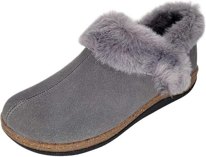 Clarks Womens Suede Leather Ankle Bootie Slipper JMH2034 - Plush Faux Fur Lined - Indoor Outdoor House Slippers For Women