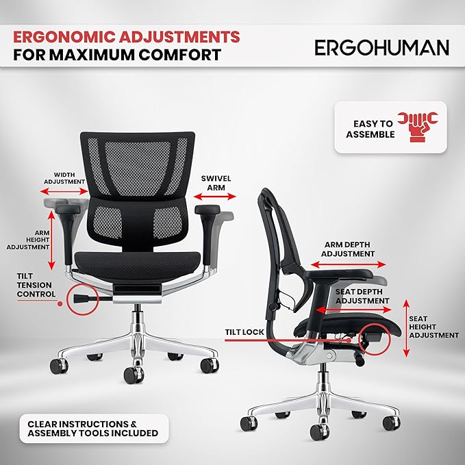 Ergohuman Eurotech ME3ERG-XTREME Mid Back Mesh Office Chair with Tilt Tension Control, Tilt Lock, Back Angle, Back Height, Synchro Tilt, Seat Height, Seat Depth, and Arm Height Adjustments, Grey