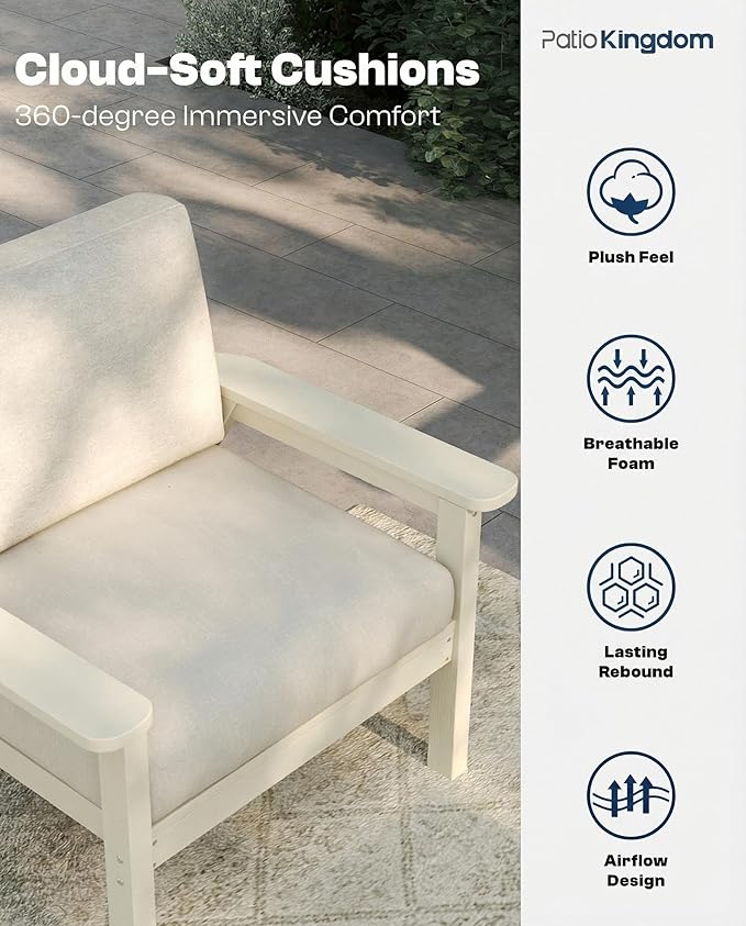 Patio Kingdom HDPE 7 Piece Patio Furniture Set, HDPE Outdoor Sectional with with Beige Thick Cushions, Coffee Table and Side Table, Patio Conversation Sets for Lawn, Garden, Porch (White Frame)