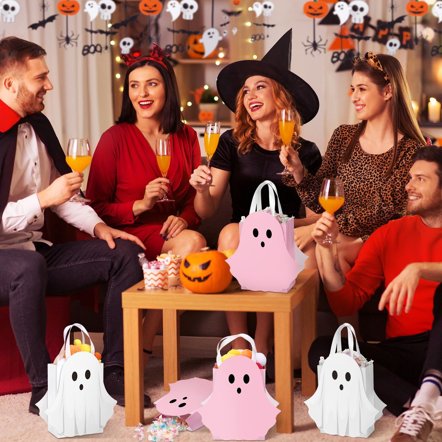 Sweetude 24 Pcs Halloween Ghost Paper Gift Bags Pink and White Ghost Shaped Goodie Candy Bags Bulk with Handles Trick or Treat Party Favor for Holiday Spooky Birthday Party Gift Wrap Supplies
