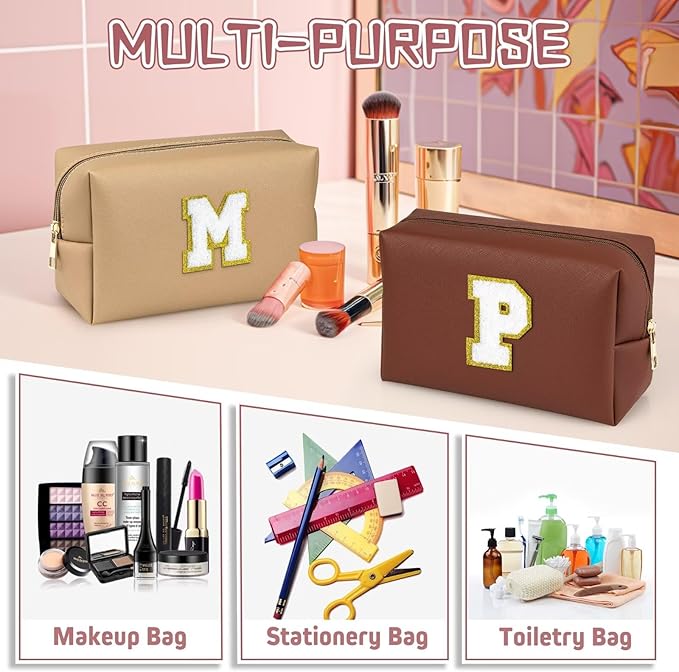 TOPEAST Personalized Makeup Bag, Chenille Letter Pouch Cosmetic Bag w Zipper, PU Leather Waterproof Toiletry Bag, Bridal Shower Gifts for Bridesmaids, Cute Stuff for Girls (Brown P)