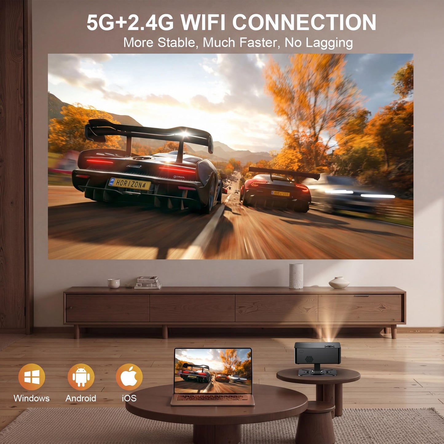 【Compatible with Netflix & 180° Stand】Smart Projector with WiFi and Bluetooth, AI Auto Focus & Keystone Portable Movie Projector, Native 1080P 4K Support Home Theater Outdoor Proyector-Black