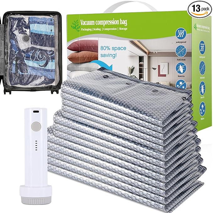 Vacuum Seal Bags for Clothing Travel with Electric Pump, Space Saver Vacuum Storage Bags Sealed, 13 Pack Compression Packing Bags for Luggage, Blankets Clothes, Comforter (2 Jumbo+3 L+3 M+5 S)