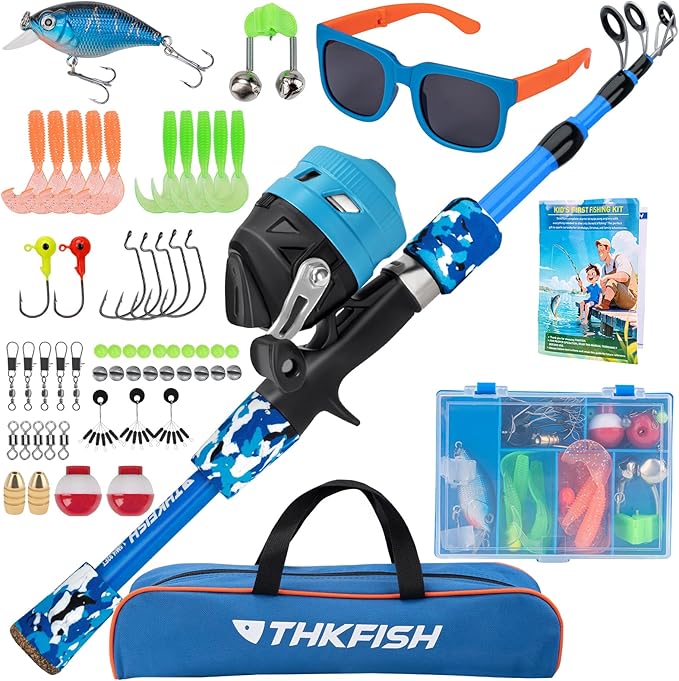 Kids Fishing Pole Set, Telescopic Fishing Rod Reel Combo Kids Starter Kit with Lures Tackle Box, Foldable Stool and Portab...