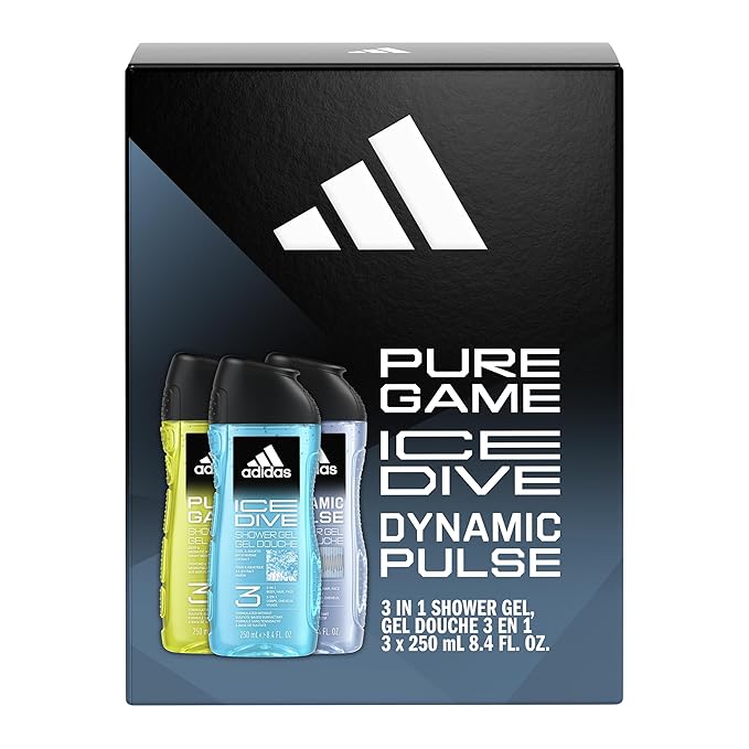 adidas Dynamic Pulse, Ice Dive, Pure Game Giftset, Shower Gel 8.4 fl oz, Notes of Rosemary, Lemon, Peppermint, and Grapefruit, Men's Fragrance, Long Lasting, Sporty Fragrance