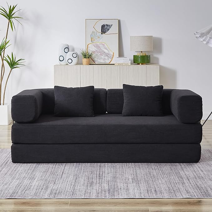 Convertible Couch Sofa Bed Foldable Floor Sleeper | All High-Density Foam | Fold Out Deep Seat Couch | King Size | Compression Sofa Sleeper for Living Room, Bedroom | Corduroy Black