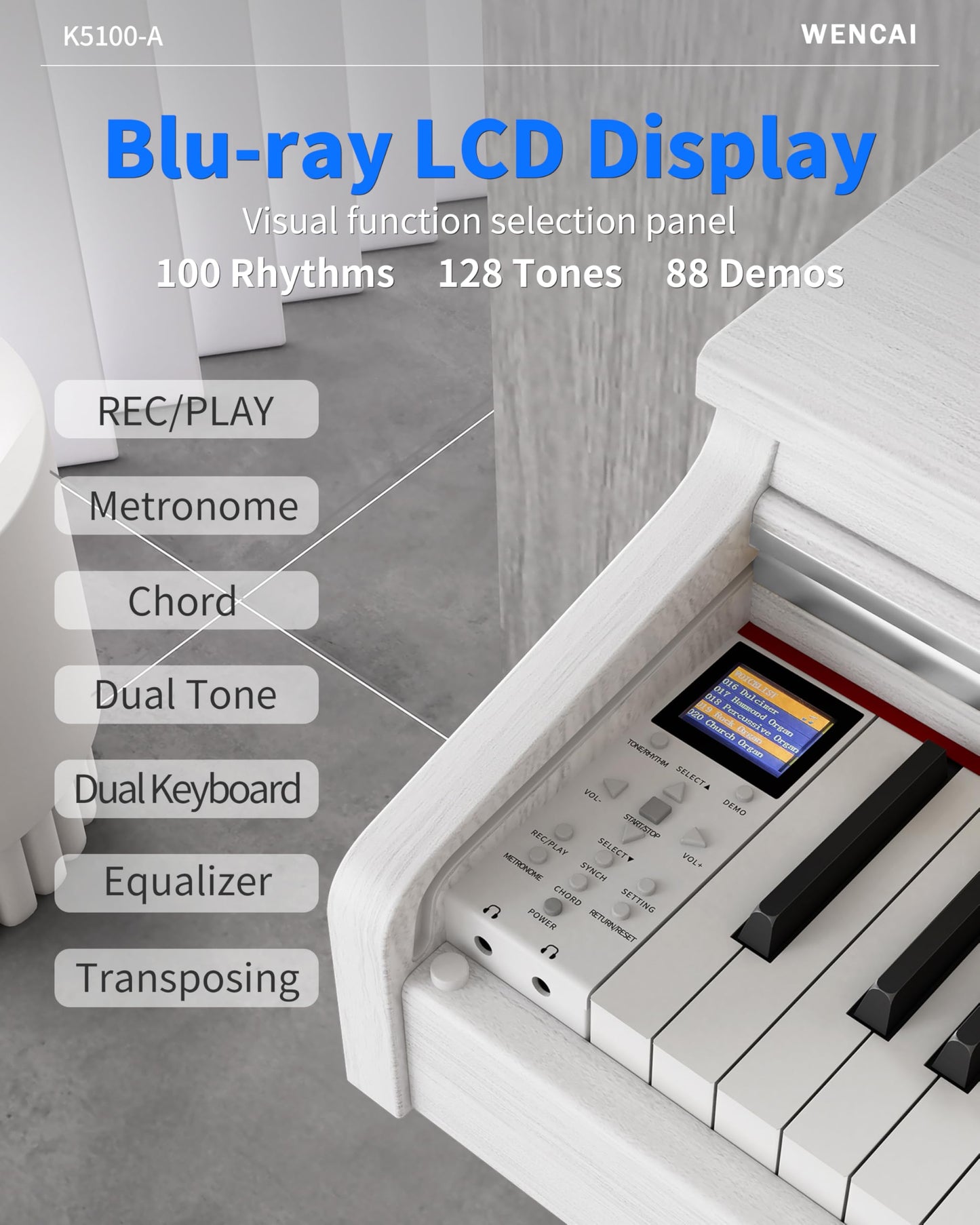 WENCAI 88 Keys Digital Piano Hammer Action Weighted Keyboard Piano, Full Size Upright Electric Piano, Wooden Electronic Piano for Beginner Professional, MIDI-USB Support, 3 Pedals, White