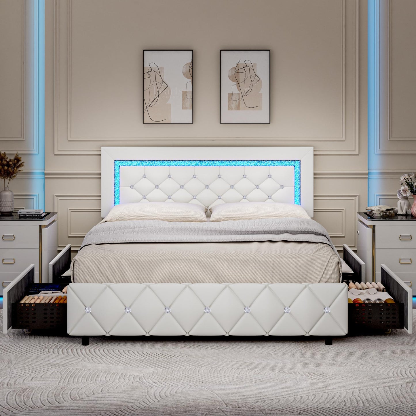 Full Size Bed Frame with LED Lights, Upholstered Bed Frame with Storage Drawers, Princess Platform Bed with Diamond Headboard and Footboard, No Box Spring Needed, White