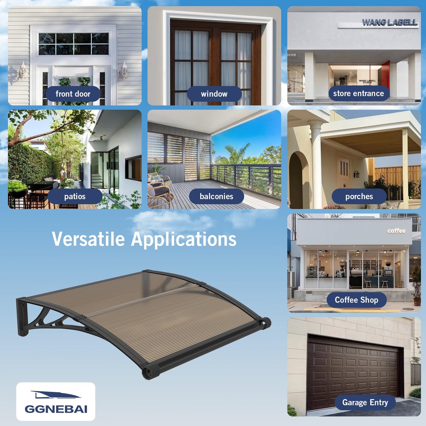 GGNEBAI Awning for Door Entrance 32x80 Inches,Awnings for Doors with Separate Drainage,Front Door Awning Exterior,Polycarbonate UV, Rain, and Snow Protection for Porch,Patio,Window,Deck