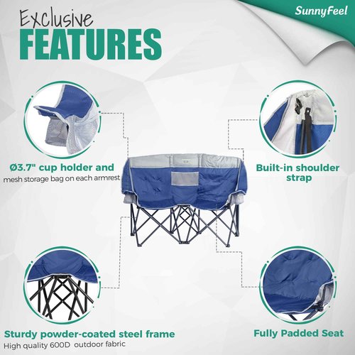 SUNNYFEEL Folding Double Camping Chair, Oversized Loveseat Chair, Heavy Duty Portable/Foldable Lawn Chair with Storage for Outside/Outdoor/Travel/Picnic, Fold Up Camp Chairs for Adults 2 People