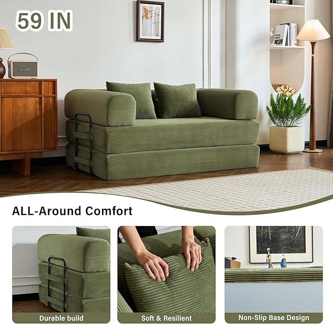 59" Folding Convertible Sofa Bed, Small 2-Seater Sofa Corduroy Futon Floor Couch with Pull-Out Sleeper, Boneless Loveseat for Small Spaces, Home Office, Apartment-Friendly (Light Green)