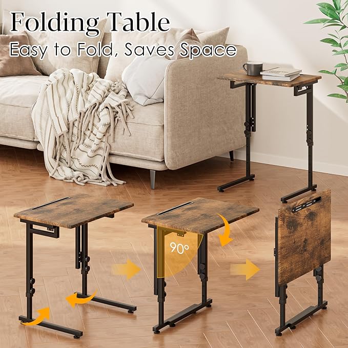 Fleecy day Adjustable Folding TV Tray Table,TV Dinner Small Foldable C-Shaped End Table for Eating,6 Height Adjustable Slide Under Couch Side with Sturdy MDF Top,No Assembly(Brown)