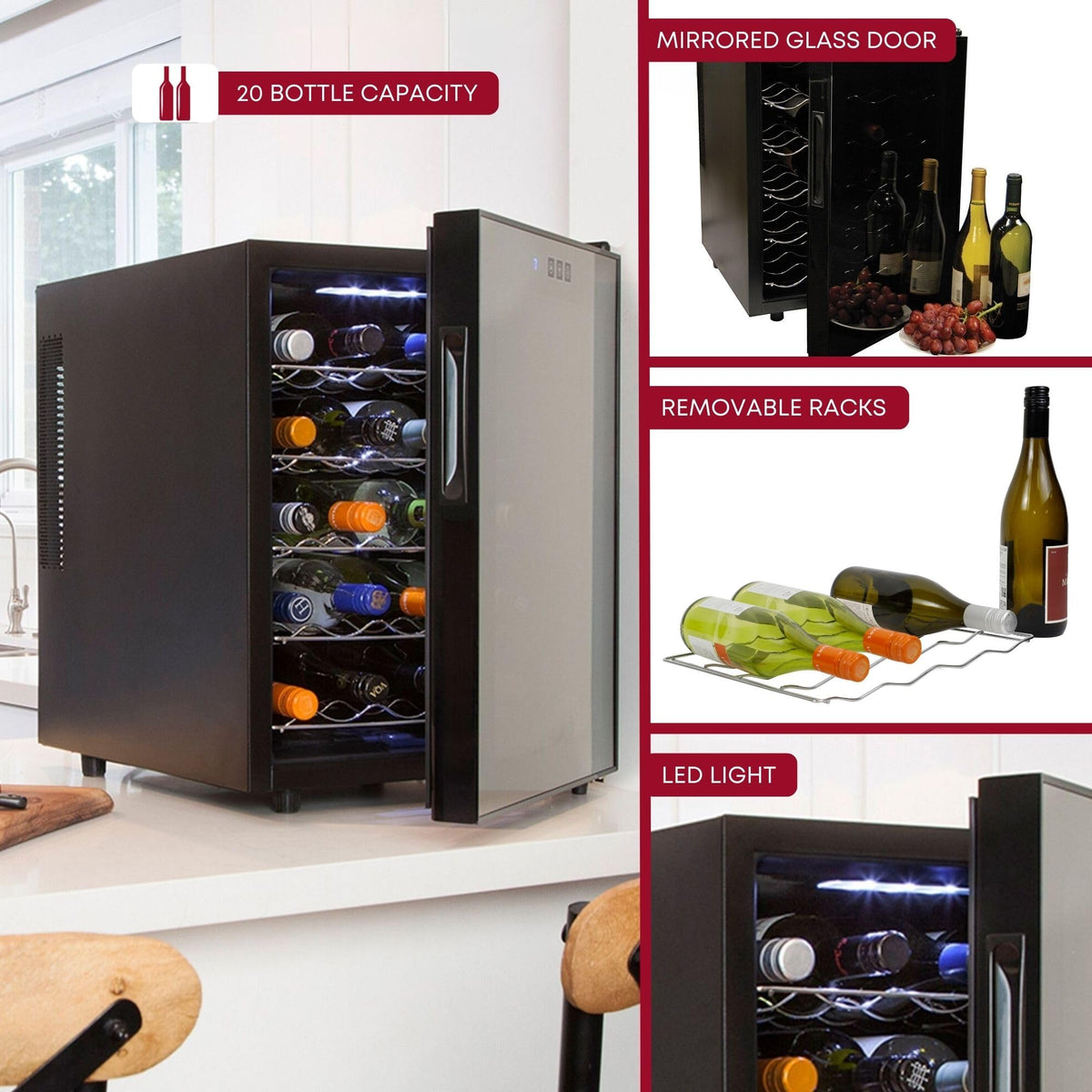Koolatron Wine Fridge - Wine Cooler, 20 Bottle Wine Cabinet for Champagne, Red & White Wine, Freestanding Cellar For Bar, Home, Kitchen, Double Paned Glass Door, (48L)