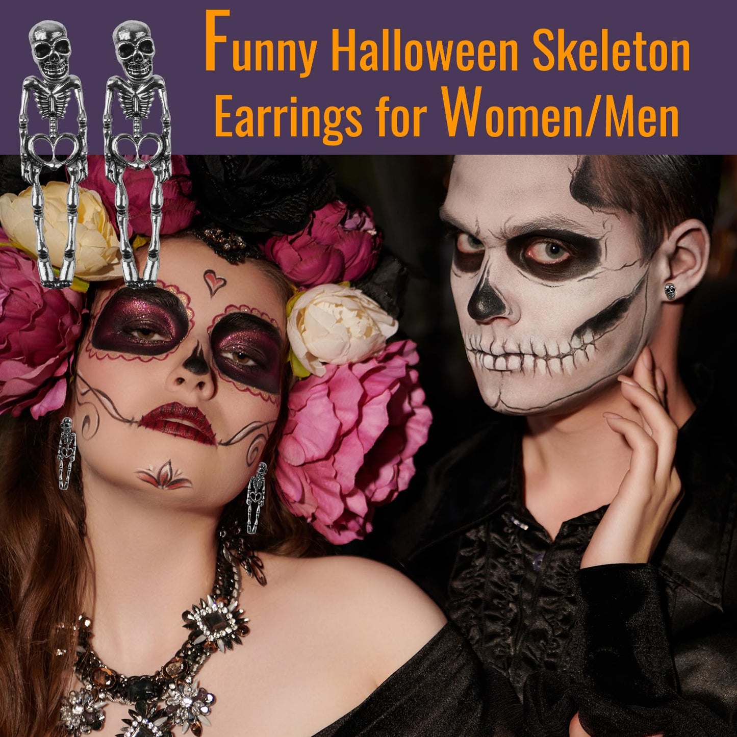 Jaisie.W Halloween Earrings - Silver Skeleton Skull Dangle Earrings (1Pair)