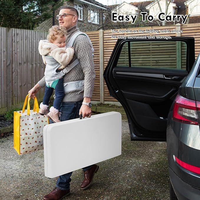 Plainsity Small White Table, Foldable Table with Foldable, Easy to Carry, for Family Gatherings, Outdoor Gatherings, Indoor