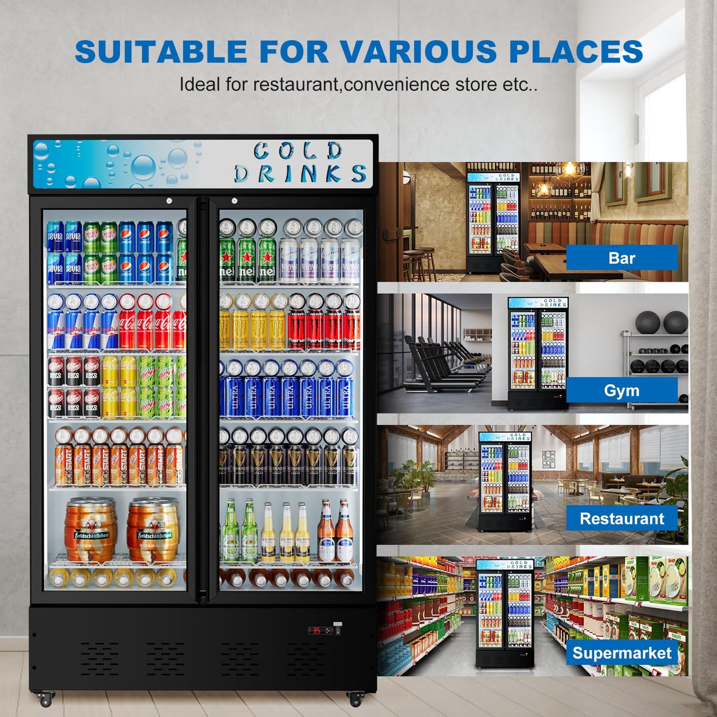 FreezLabs Commercial Glass Door Display Refrigerator 40 Cu.ft Cooler Commercial Display Beverage Refrigerators with LED Light and 10 Shelves for Cafe Restaurant Store Bar