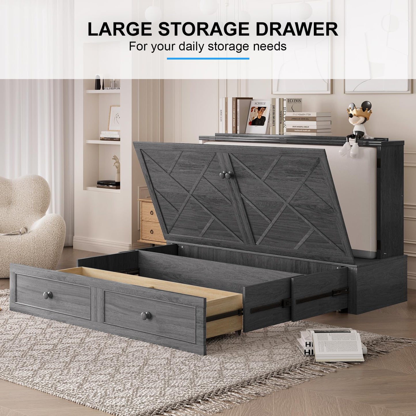 PUREMIND Queen Murphy Bed with Storage Drawers, Camas Con Colchon Incluido, Hideaway Chest Beds with Built-in Charging Station, Murphy Bed Queen Space-Saving Wall Beds for Bedroom