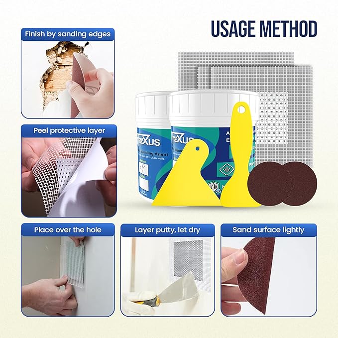 Drywall Repair Kit – 2×240g Putty Jars with 2×2″ & 4×4″ Wall Patch Mesh, Small & Large Scrapers & 2 x P180 Sandpapers | Quick-Dry Spackle & Sheetrock Crack Filler for Wall, Ceiling & Plaster Repair