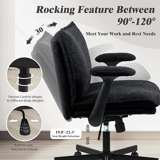 Kassipo Criss Cross Legged Office Chair with Wheels and Flip-Up Arms, Upholstered Criss Cross Desk Chair, Wide Seat Chairs for Home Office, Vanity, Apartment, Black