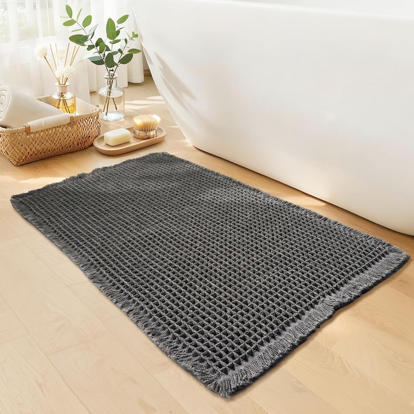 Waffle Bath Mat - Boho Bathroom Rugs Non Slip Washable, Super Absorbent & Quick Dry, Soft Bath Mat Farmhouse Bathroom Decor, 20'' x 32'', Dark Grey