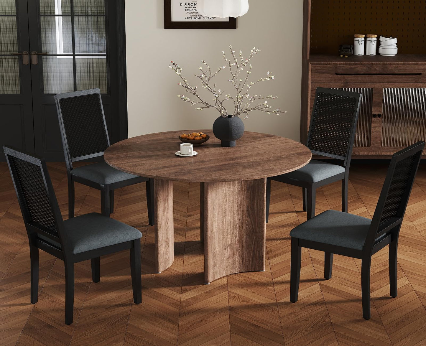 chairus Dining Chairs Set of 2, Armless Kitchen & Dining Room Chairs with High Rattan Back Upholstered Side Chairs with Sturdy Black Wood Frame for Restaurant, Living Room, Linen Grey