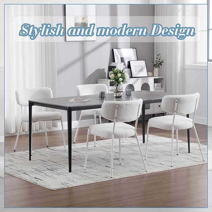 KCC Boucle Dining Chairs Set of 4, Modern Mid-Century Upholstered Stylish Kitchen Chairs Sherpa Accent Diner Chairs with Metal Legs and Curved Back for Kitchen, Dining Room(White)