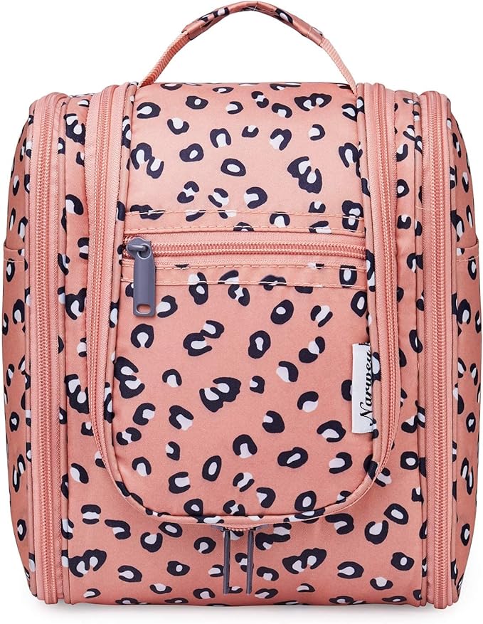 Narwey Cheetah Small Hanging Toiletry Bag Women Travel Makeup Bag Organizer Toiletries Bag for Travel Size Essentials Accessories Cosmetics (Medium, Orange Leopard)