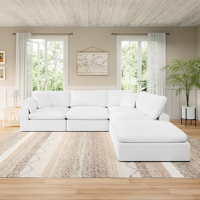Intuition Decor Modular Sectional Sofa Cloud Couch,Down Filled Comfy Cloud Modern Sofa,White Linen Oversized Couch Cushion Covers Removable for Living Room(3 Seater)