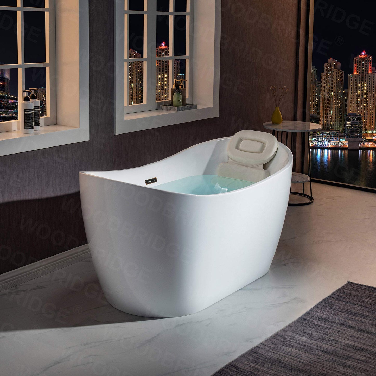 WOODBRIDGE 59" Acrylic Freestanding Bathtub Contemporary Soaking White Tub with Oil Rubbed Bronze Overflow and Drain，B0016 -ORB-Drain &O