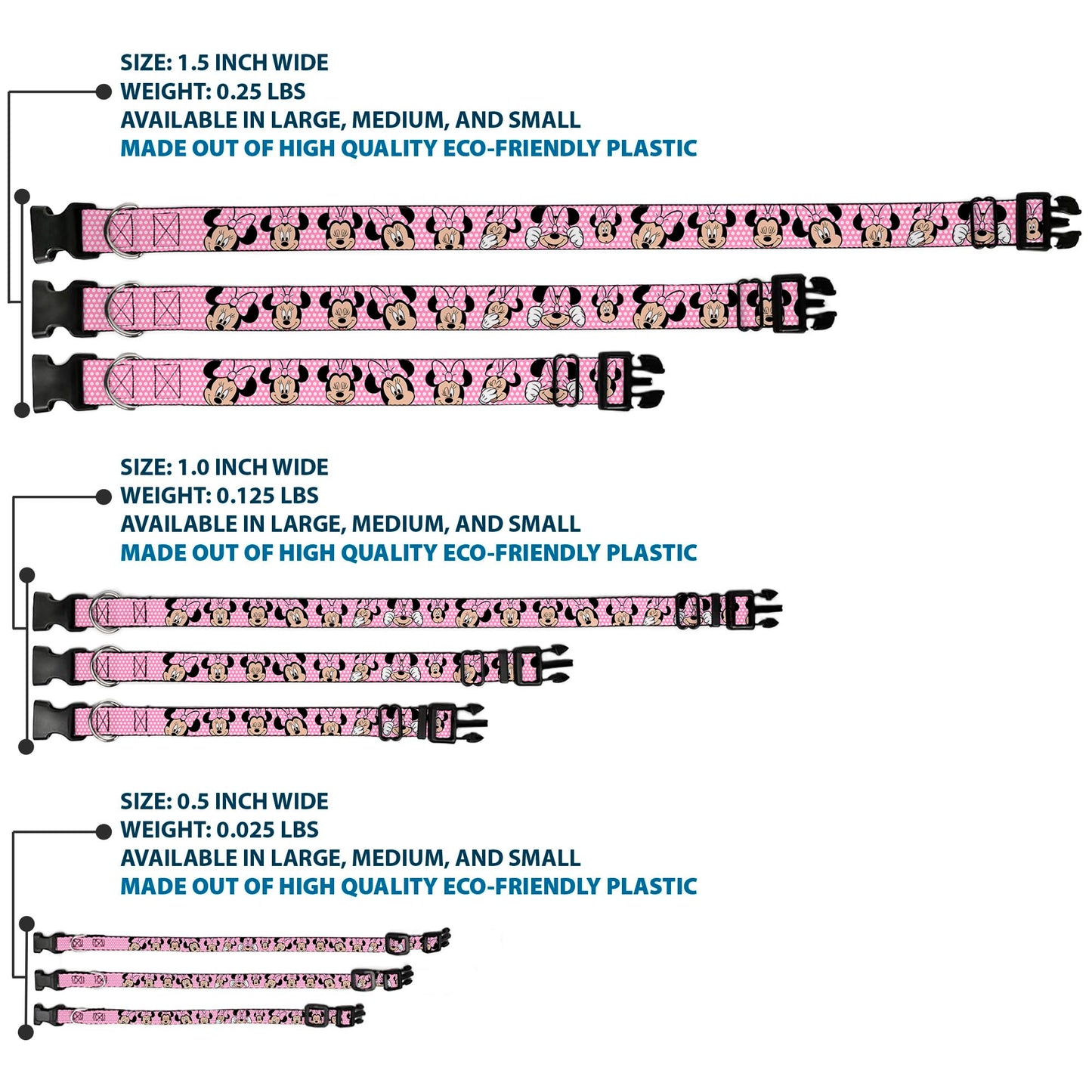 Buckle-Down Plastic Clip Collar - Minnie Mouse Expressions Polka Dot Pink/White - 1.5" Wide - Fits 16-23" Neck - Medium