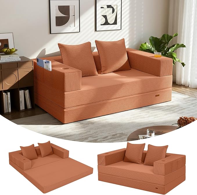 COMAX Futon Sofa Bed, 4‑in‑1 Convertible Sofa Bed, Folding Boneless Couches for Living Room, Fold Out Small Foldable Loveseat Floor Sleeper Comfy Mattress Lounge Space‑Saving, Light Orange